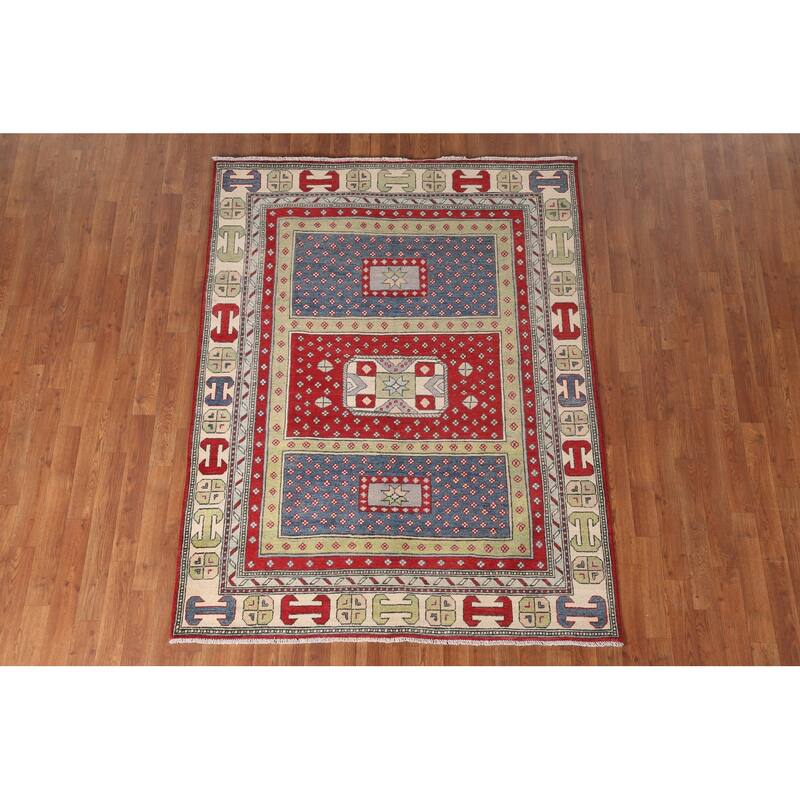 Geometric Kazak Area Rug Handmade Bedroom Wool Carpet - 4'11" x 6'6"