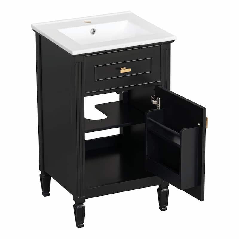 20" Bathroom Vanity, Sink with Solid Wood Legs, Adjustable Shelf, Tilt-Out Drawer