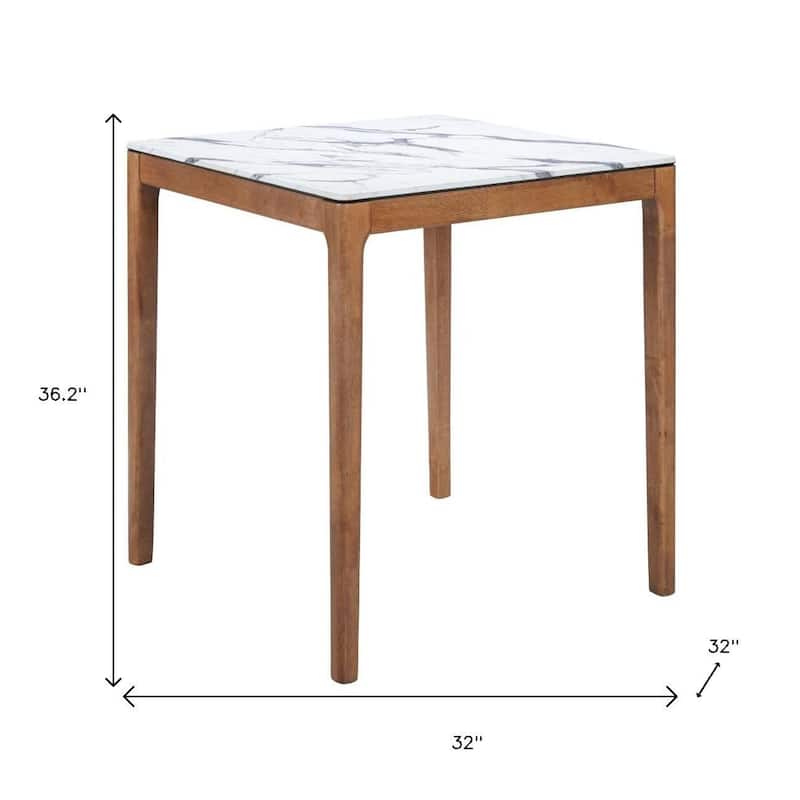 HomeRoots 32" White and Natural Faux Marble and Solid Wood Square Bar Table - 32.00 in. x 36.20 in. x 32.00 in.