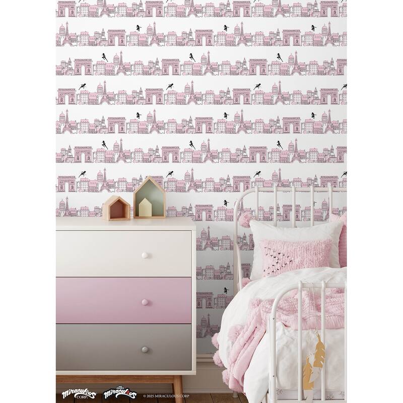 RoomMates Miraculous Ladybug Charming Paris Pink Peel and Stick Wallpaper