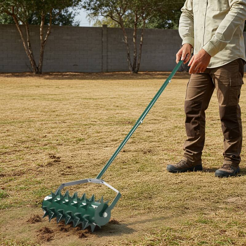 Green Lawn Aerator with Heavy-Duty Galvanized Steel Drum and Double Spikes and Rubber Handle - (17.3 x 6.7 x 59.8) in