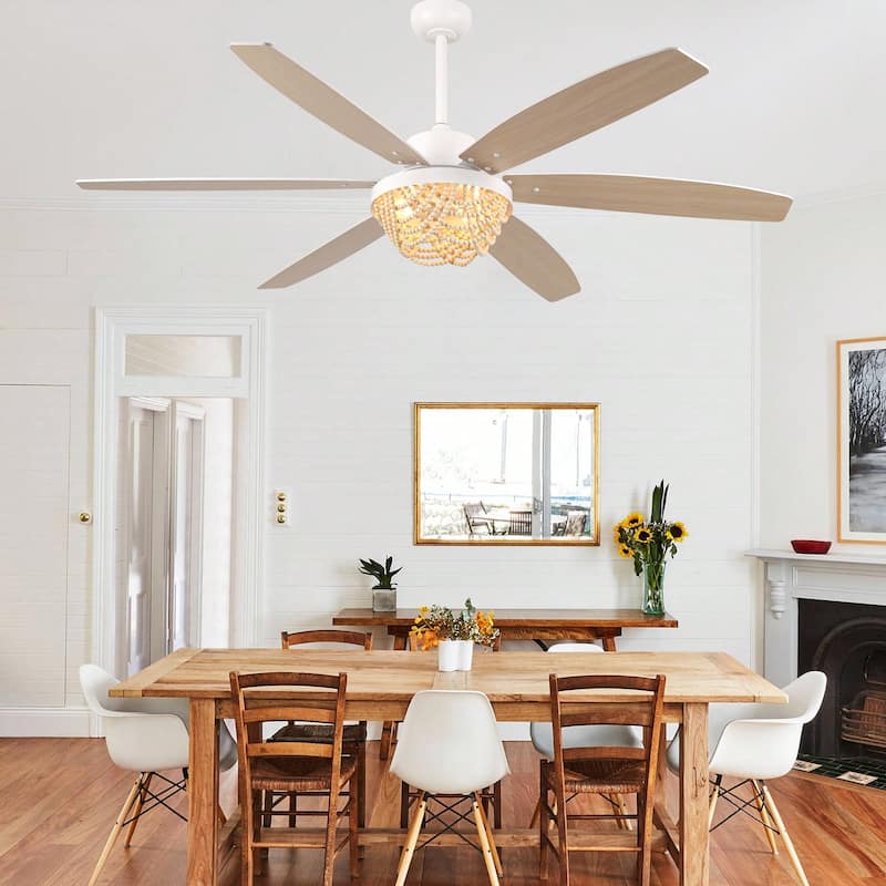 Cusp Barn 65" Boho White Ceiling Fan with Light and Remote, Farmhouse 6-Speed Wood Beaded Chandelier Ceiling Fan for Large Room