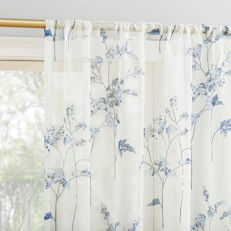 No. 918 Margot Botanical Print Sheer Rod Pocket 1-Piece Curtain Panel, Single Panel - 50" x 63" - Blue