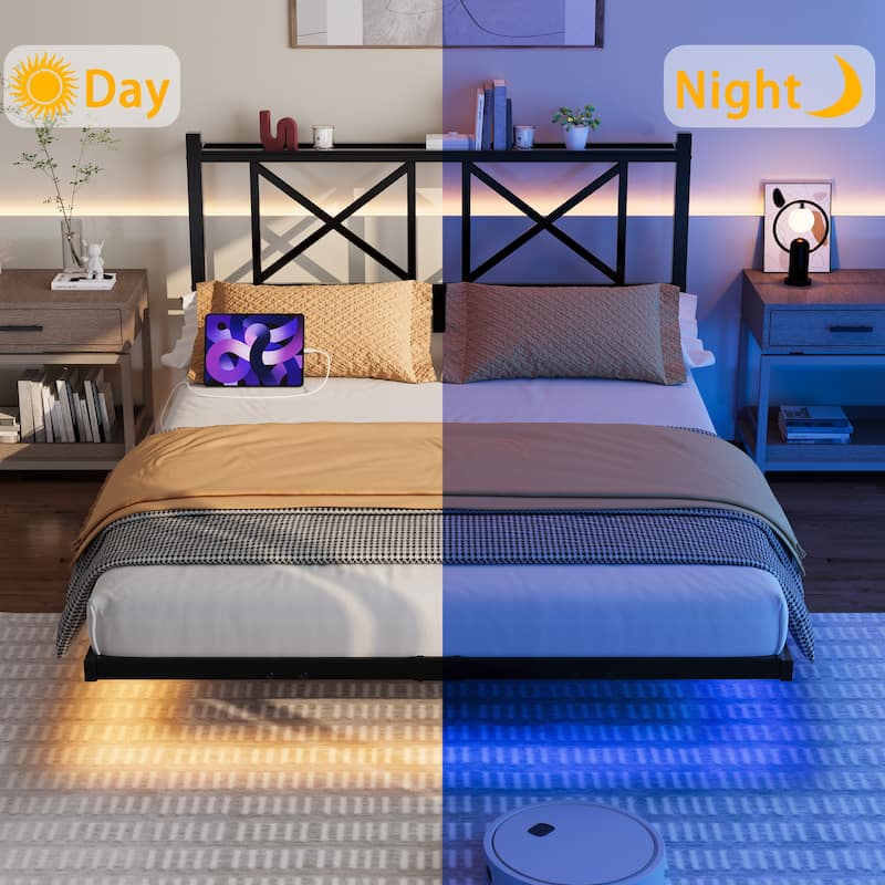 Floating Bed Frame Metal Platform Bed Frame with USB Charging Station Storage Headboard, LED Lights, No Box Spring Needed,Black