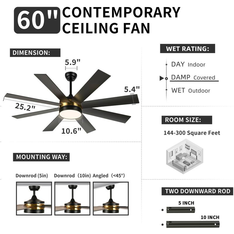 Moasis 60-inch 8 Blades Ceiling Fan with Light and Remote Control