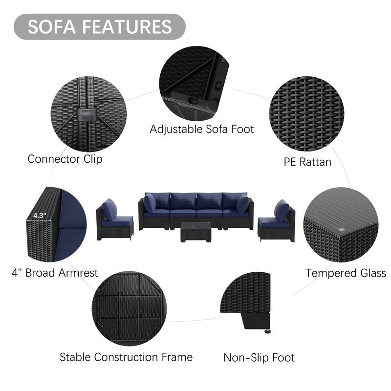 7-Piece Outdoor Patio Furniture Set Sectional Sofa Chairs and Tempered Glass Coffee Table PE Rattan Steel Frame with Cushions