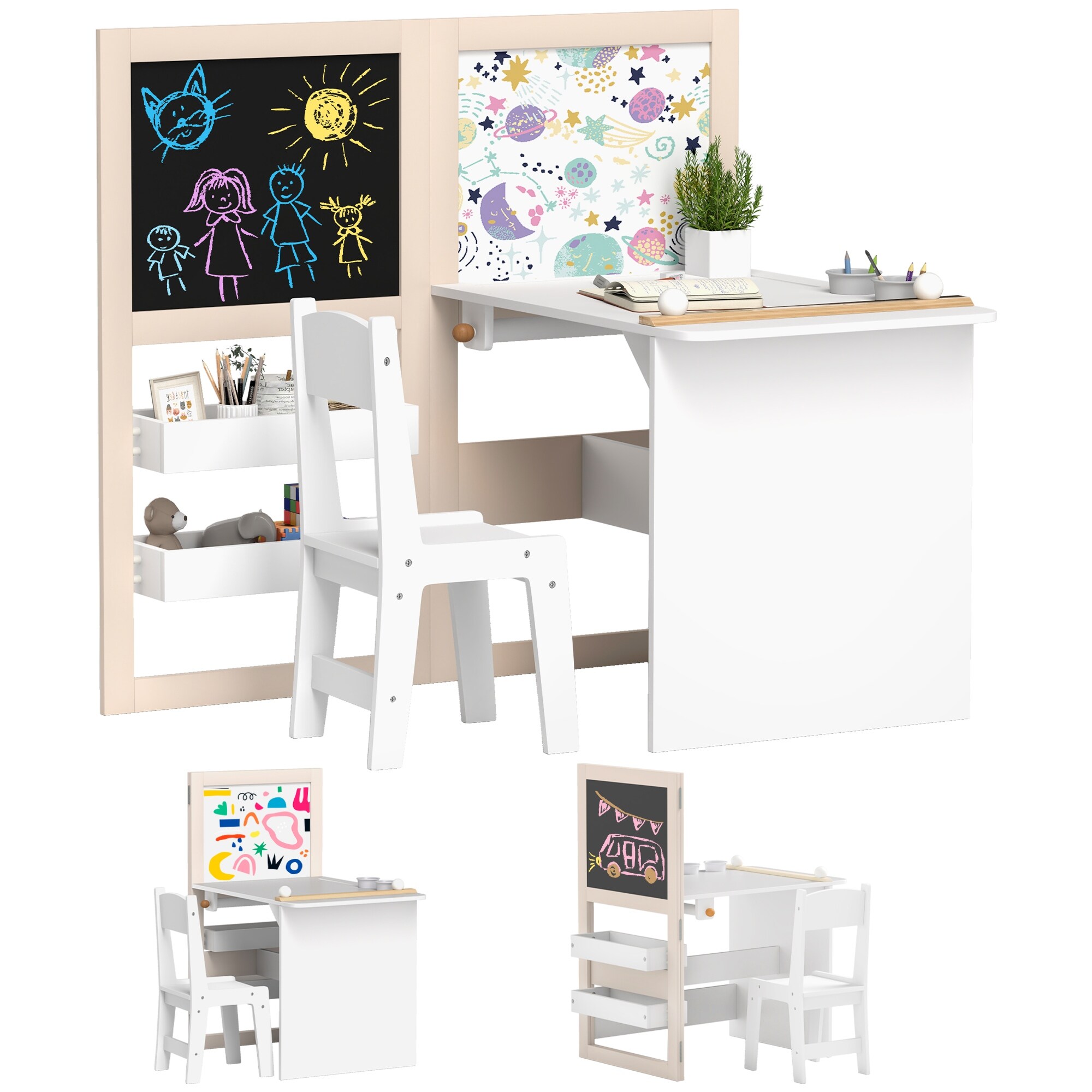 3 in 1 Kids Art Table and Chair Set with Storage Shelves, Foldable Blackboard, White board & Roll Paper