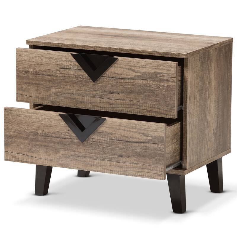 Modern Nightstand 2 Drawer Bedside Table, Oak Veneer & Black Accents, Bedroom Storage Organizer