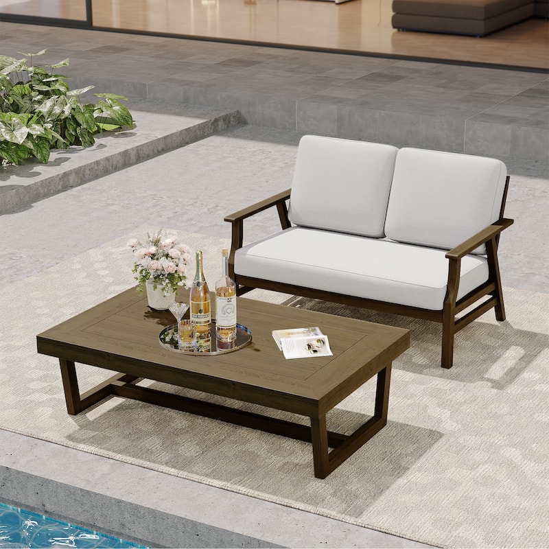 Modern Wood Outdoor Patio Sofa Loveseat with Cushion - Loveseat Set - Beige