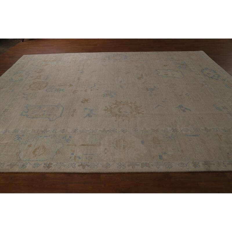Vegetable Dye Beige Oushak Turkish Rug Hand-Knotted Wool Carpet - 9'1" x 12'1"