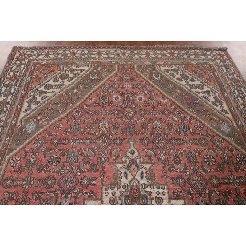 Geometric Pink Hamedan Persian Vintage Rug Hand-Knotted Wool Carpet - 6'7"x 9'7"