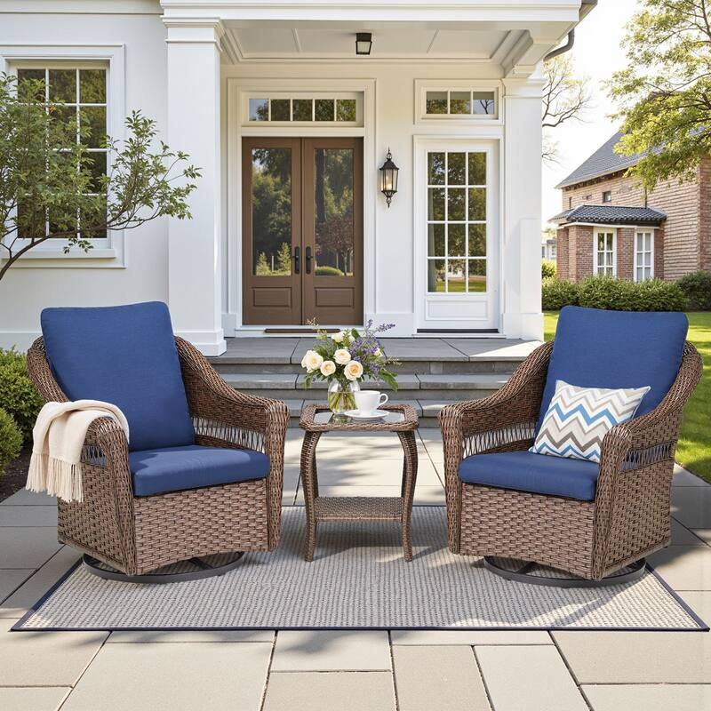 Pocassy Outdoor Swivel Chairs Patio Funiture Set - 3 Pieces - Brown & Blue