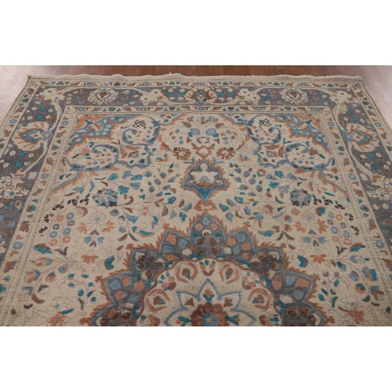 Ivory Floral Tabriz Persian Vintage Rug Handmade Wool Carpet - 6'4"x 9'6"