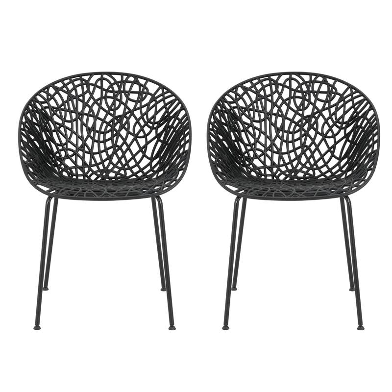 Roomfitters Neiman Outdoor Plastic Dining Chairs with Iron Legs, Modern Diamond Pattern, Set of 2 - Black
