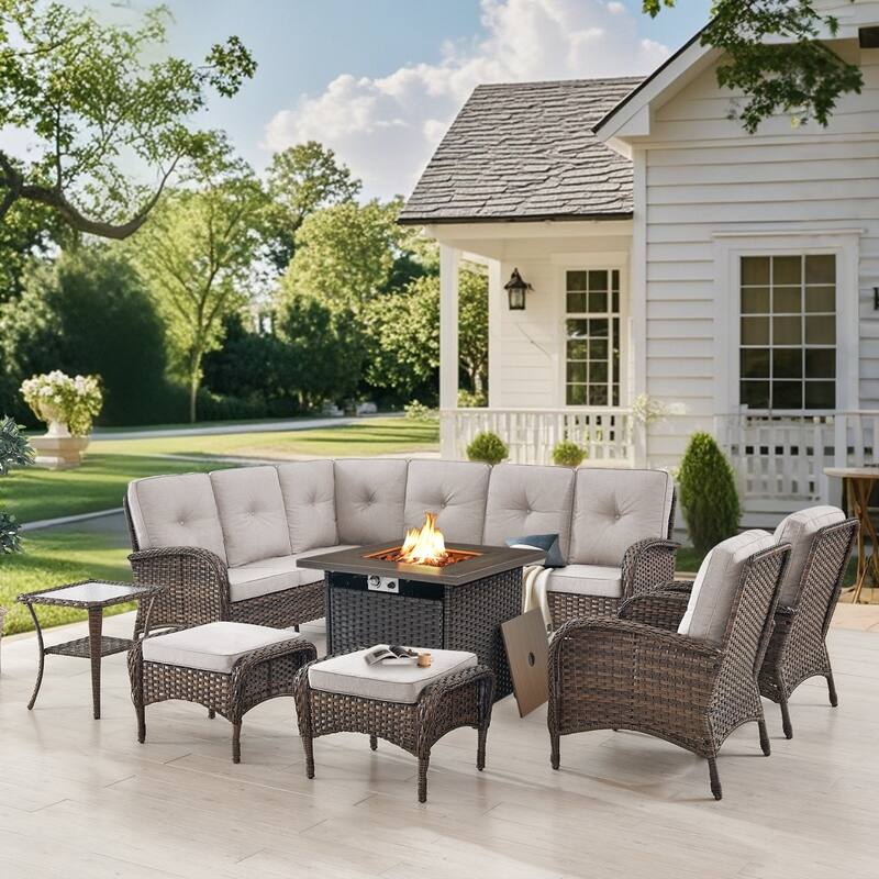 Gymojoy L-Shaped Outdoor Sectional Sofa Set with Fire Pit, Chairs & Ottomans - Beige - 7-Piece