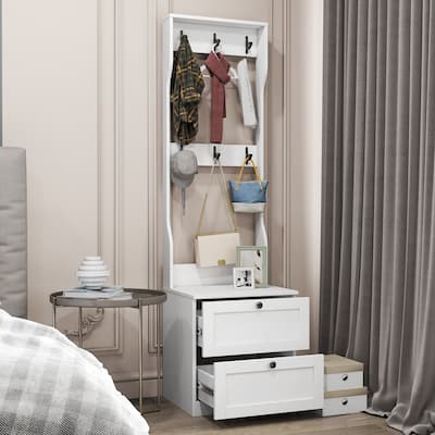2-in-1 Coat Rack and Nightstand Storage Organizer with Drawer & Hooks