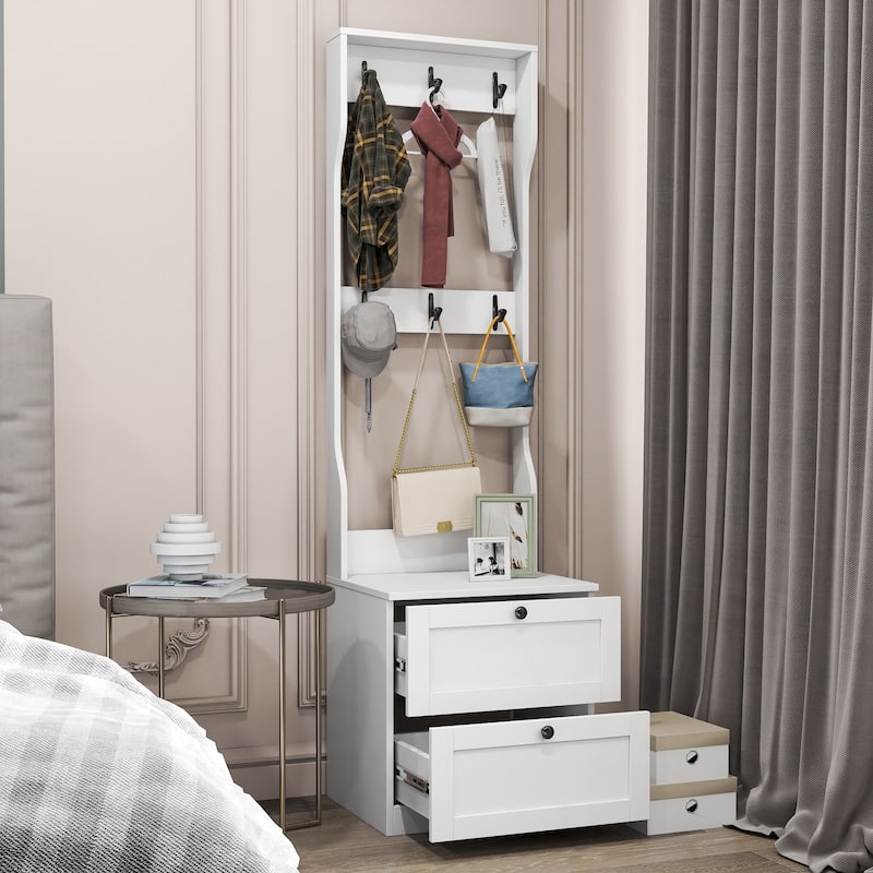 Dual-Purpose Coat Rack & Nightstand – Wooden Entryway/Bedroom Organizer with Drawer & Wall Hooks‌