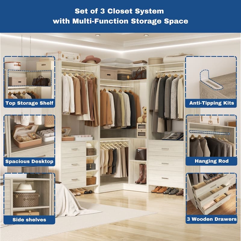 Cimly Set of 3 Freestanding Corner Closet System, Space-saving Closet Organizer for Walk-in/ Reach-in Closet