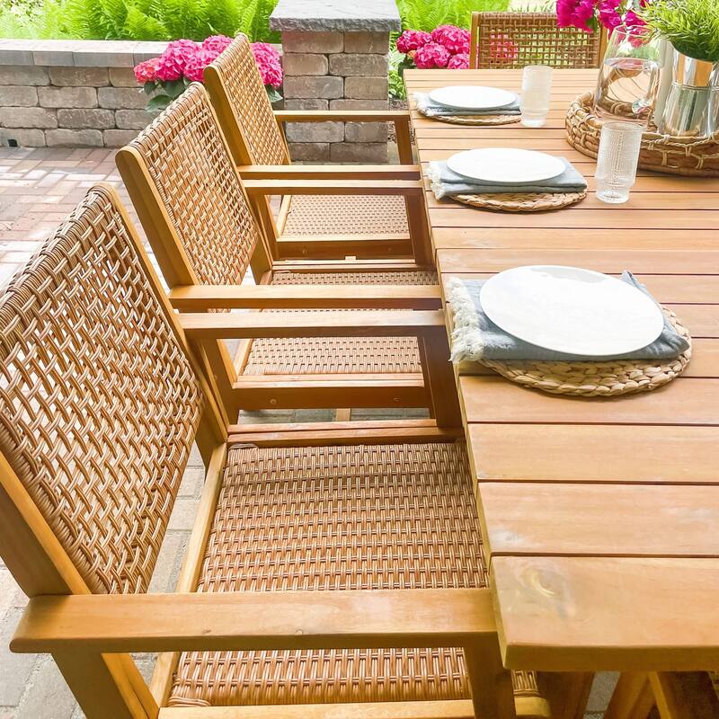 MAISON ARTS 5/7/9-Piece Acacia Wood Outdoor Dining Set, Teak Wooden Table & Dining Chairs with Wicker Seat and Back