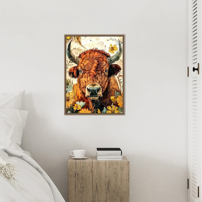 Buffalo in Flowers by Justyna Jaszke Framed Canvas Wall Art