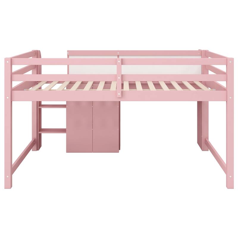 Full Size Low Loft Bed with Desk,Storage Cabinets,Open Bookcase & Whiteboard,Space-Saving Design for Kids,No Box Spring Needed