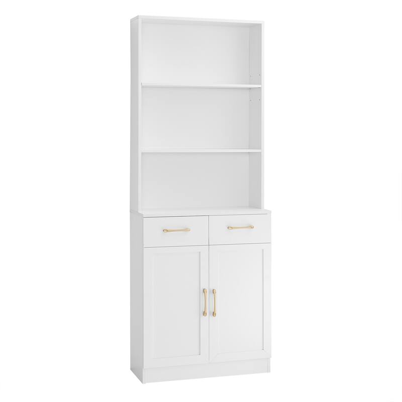 Storage Cabinet for Bathroom, 2 Doors Wooden Cabinet with 2 Drawers Three-layer Open Shelf, Bathroom Floor Cabinets