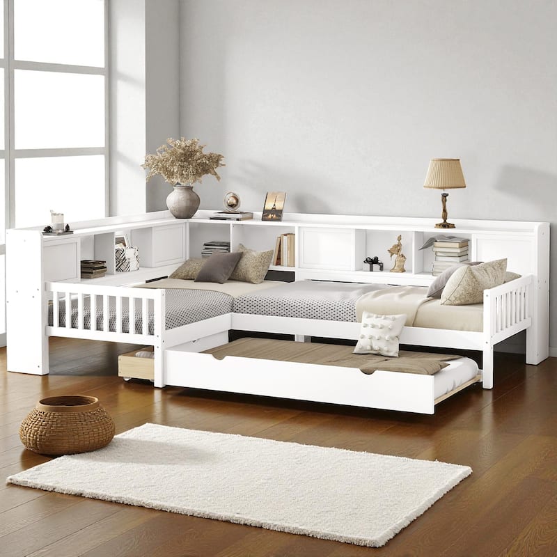 L-Shaped Twin Platform Bed with Trundle, Solid Wood Corner Bed Frame with Drawers and Shelves, No Box Spring Needed