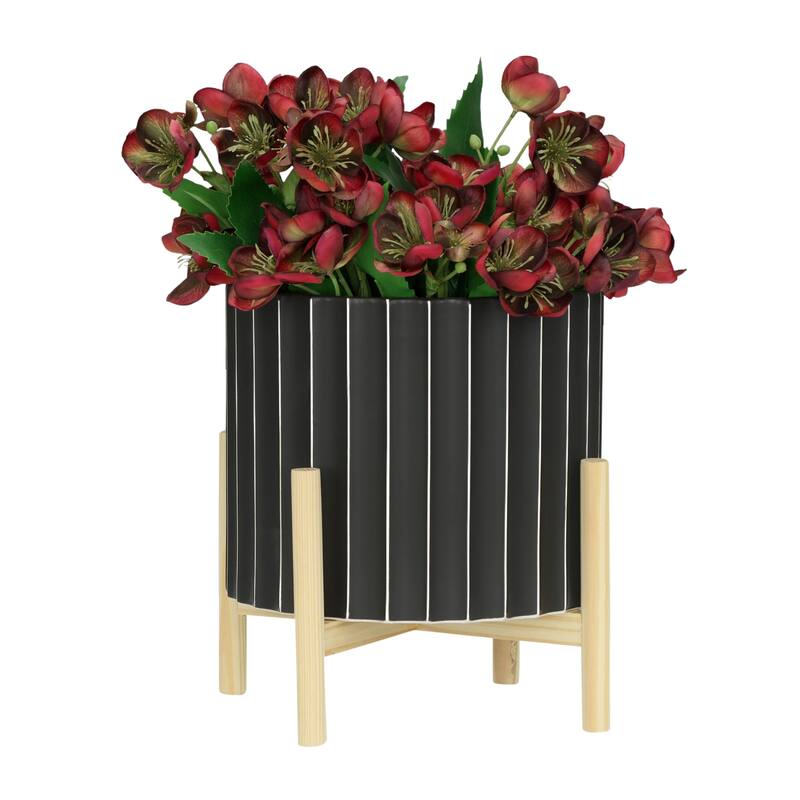 Ceramic Fluted Planter with Wood Stand - Black