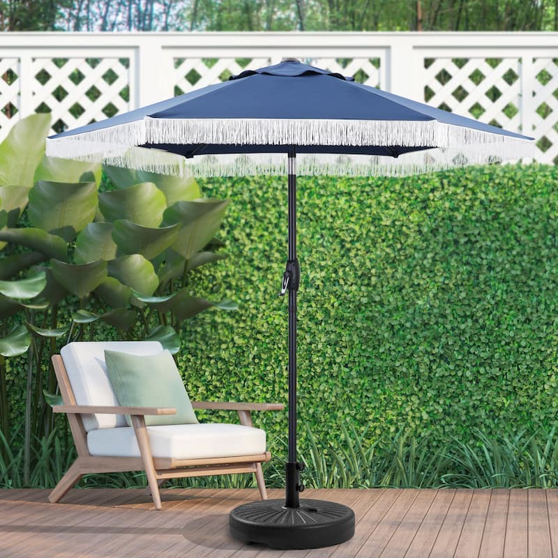Autlaycil 7.5FT Solar Patio Umbrella with Base and Tilt,Crank - Fringe + Navy Blue