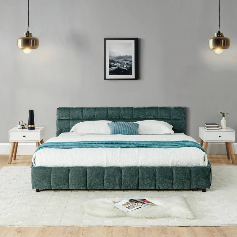 Block Thick Chenille Low Profile Platform Bed Fabric Upholstered Bedframe with Headboard Solid Wood Frame - Optional Storage Bed