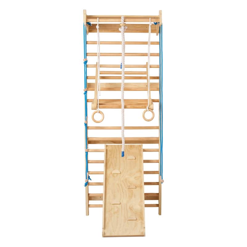 Beige Pine Wood 8 in 1 Swedish Ladder Indoor Jungle Gym for Kids and Adults with Slide Rings Rope Climbing and 220 lbs Capacity