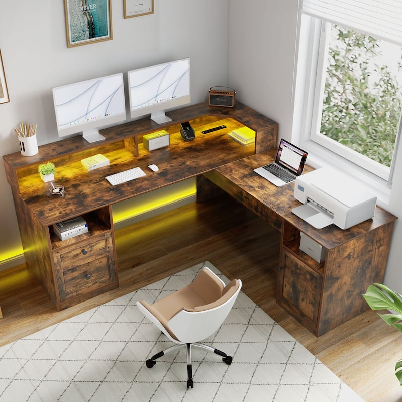 Moasis 59" L Shaped Desk Corner LED Computer Gaming Desk with File Cabinet and Lift Table Top