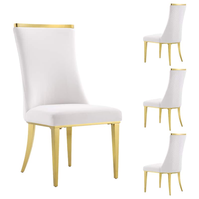 Polished Gold Dining Chairs with White Boucle Upholstery - Set of 4 - White