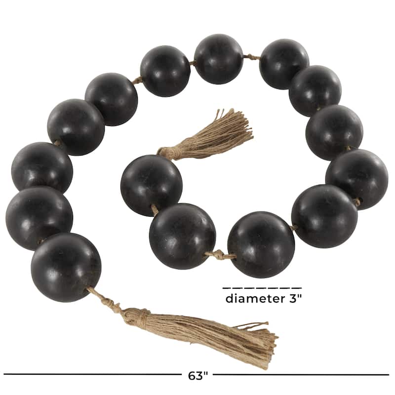 Mango Wood Handmade Round Extra Long Washed Orb Garland with Tassel - Brown, Black or White - Roche River Decor