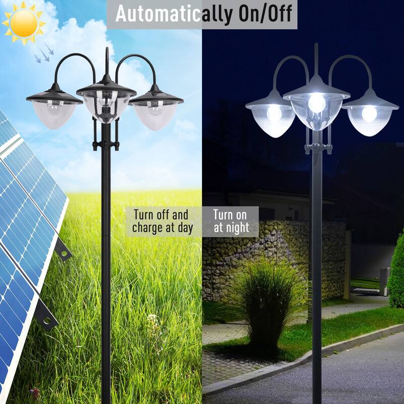 Outsunny 3-head LED Solar Light Lamp Street Light Post with Planter, Solar-powered Lamp Post, Black - 23.5" x 21.75" x 74.5"