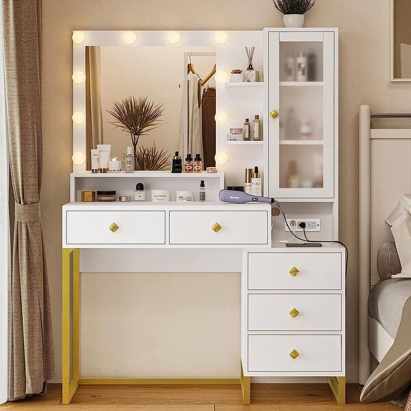 Makeup Vanity with Charging Station Mirror with Lights 5 Drawers