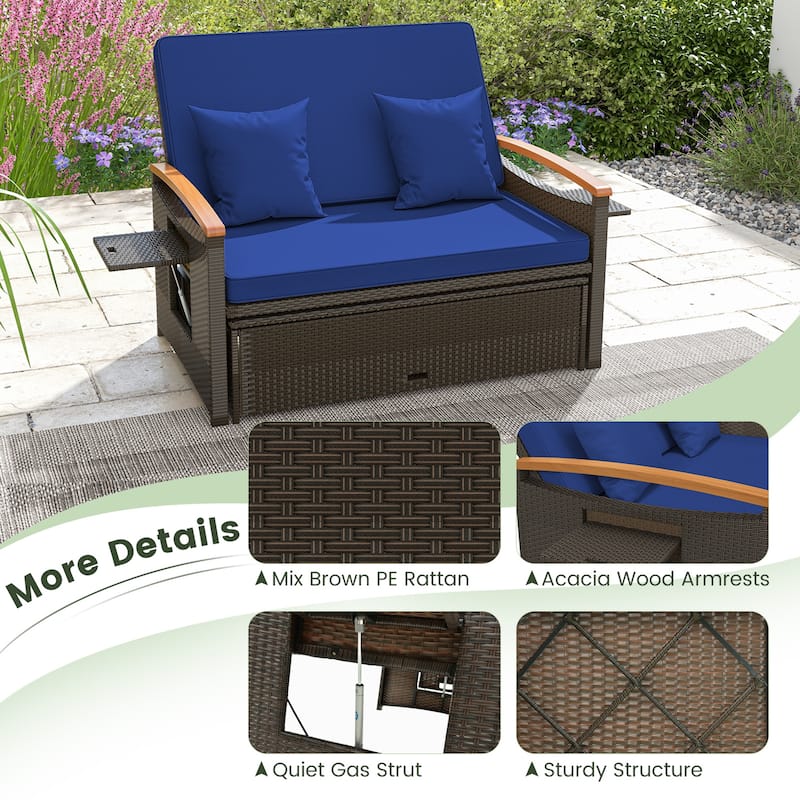 Gymax Outdoor Wicker Daybed Patio Loveseat & Storage Ottoman Set w/