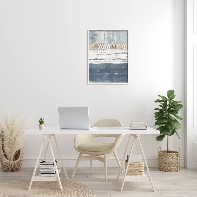 Stupell Nautical Abstract Painting Waved Lines Neutral Horizon Framed Wall Art - Blue