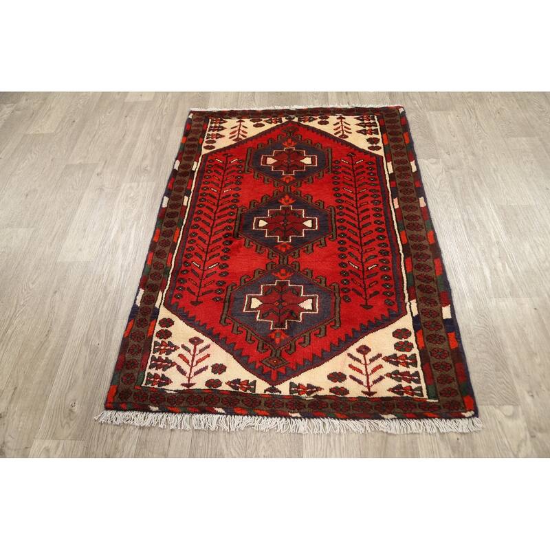 Geometric Persian Hamedan Area Rug Wool Handmade Foyer Carpet - 3'3" x 4'6"
