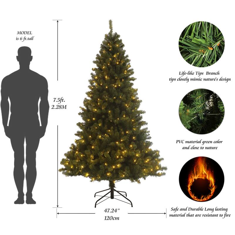 Realistic 7.5ft Pre-lit Christmas Tree, 1420 Tips with 400 LED Lights and Foldable Metal Stand for Simple Assembly