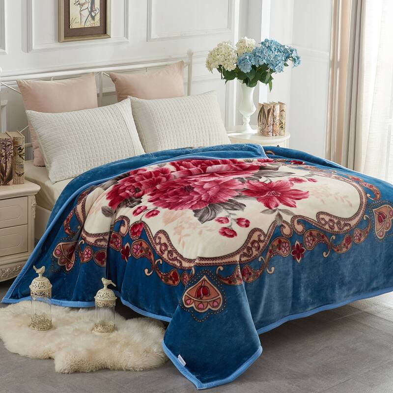 Raschel A&B Printed 2-ply Reversible Korean-style Plush Fleece Blanket - King - Blue