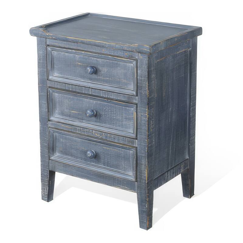 Rena Side End Table with 3 Drawers, 19 Inch Rustic Blue Mahogany Wood