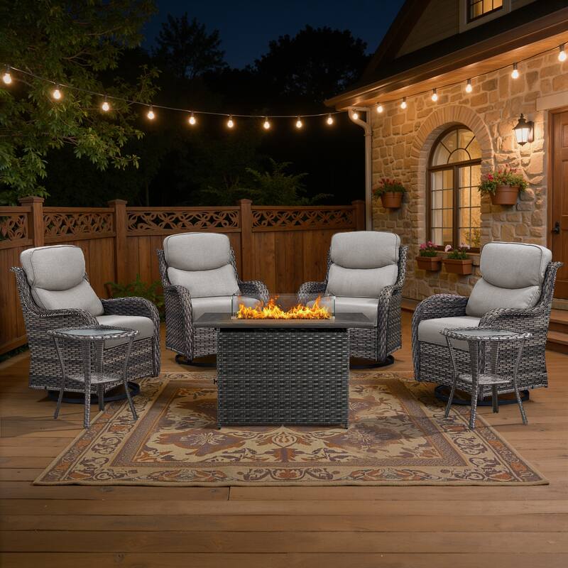 Meyreso 7-Piece Outdoor Patio Wicker Fire Pit 4 person Conversation Set with 5-Inch Thick Cushions - Beige Cushions - Gray Wicker
