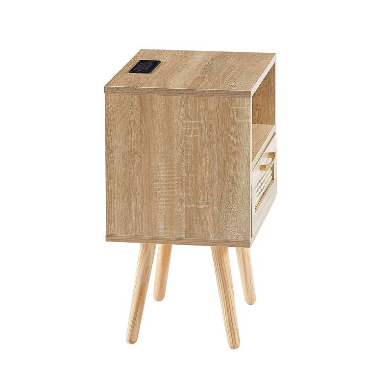 15.75" Rattan End table with Power Outlet & USB Ports, nightstand with drawer and solid wood legs, side table