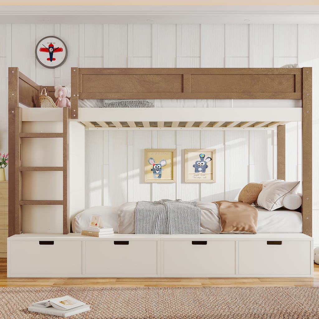 Twin Over Twin/Twin XL Over Full Bunk Bed Solid Wood Storage Bedframe with Built-in Wardrobe, 4 Under Drawers and Guardrails