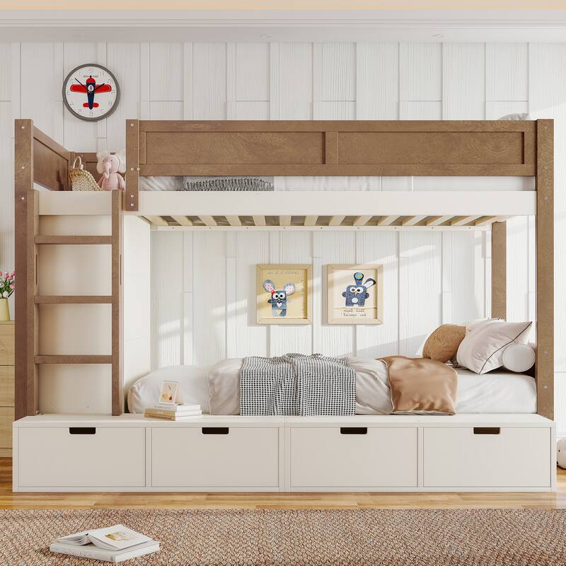 Twin over Twin Bunk Bed with 4 Drawers & Wardrobe - Solid Wood, Full-Length Guardrails, No Box Spring