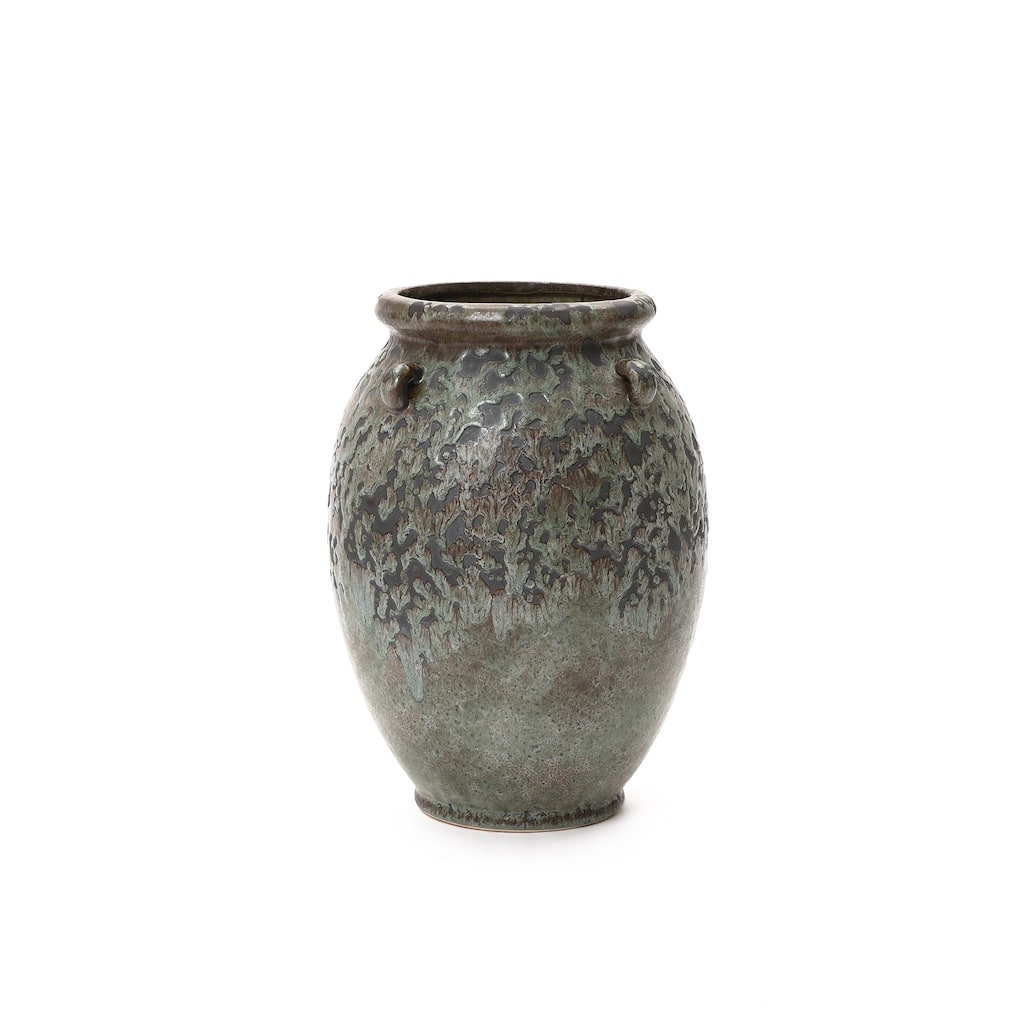 Antiqued Terracotta Jar Vase, Rustic 14.17" Green & Brown Flower Holder