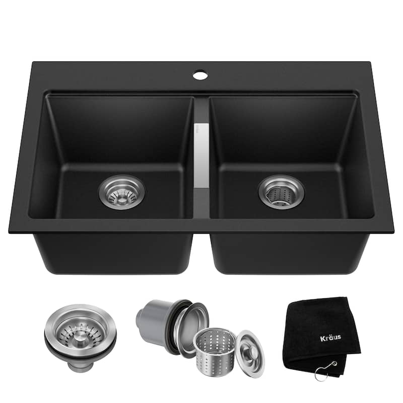 KRAUS Granite 33 inch 2-Bowl Undermount Drop-in Kitchen Sink