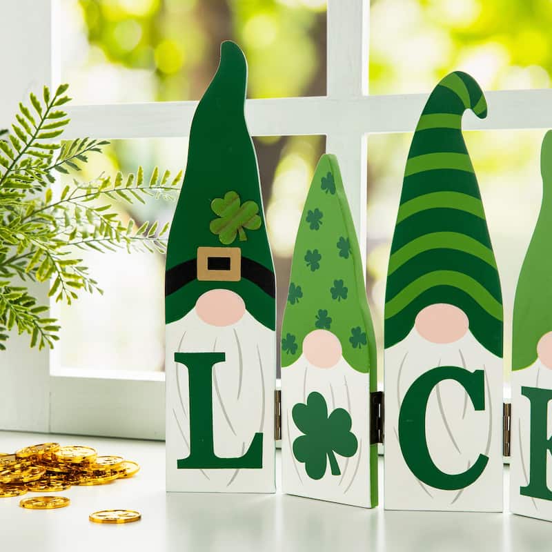 Glitzhome 12.5"L St. Patrick's Wooden Luck Shamrock Gnome Table Decor