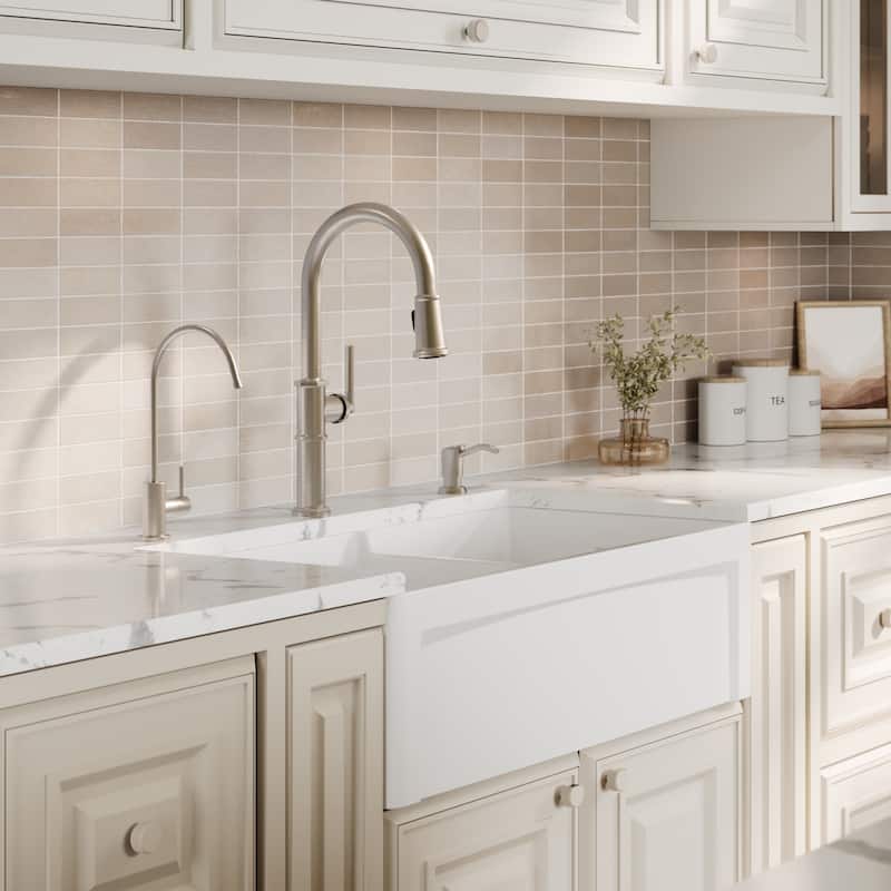 Karran 33" Double Bowl Panel Front Farmhouse Fireclay Kitchen Sink with Reversible Apron Front